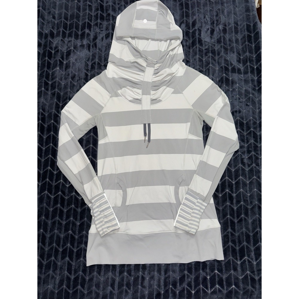 Lululemon Women's Hoodie Sweatshirt Gray White Striped COWL Size 8